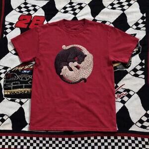 Red And Black Graphic Tee With A Black Cat On A Yin Yang Background